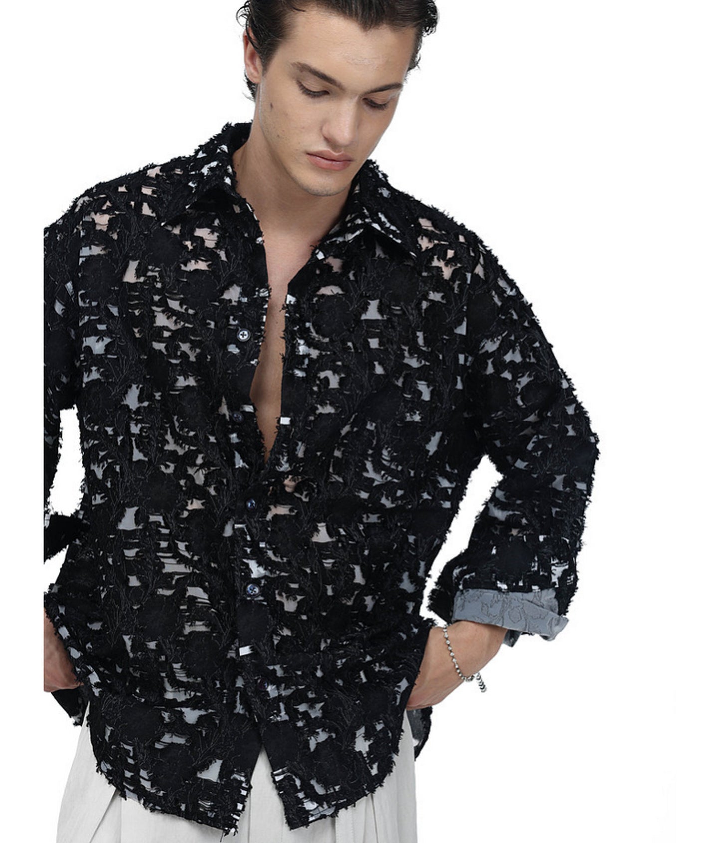 Frayed Edges  Hollow-Weave  Jacquard  Shirt