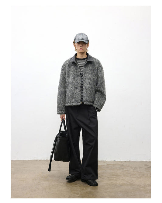 Leather Collar Wool Blend Jacket