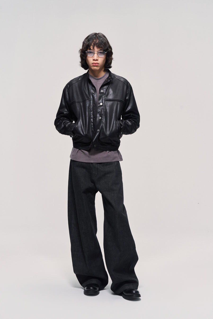 Stand collar leather jacket