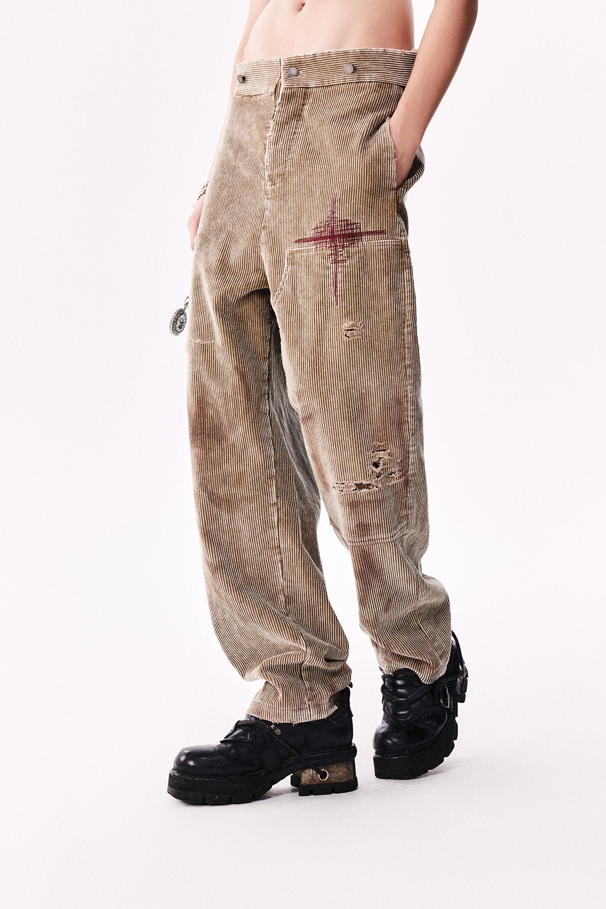 Damaged Embroidery Corduroy Casual Pants