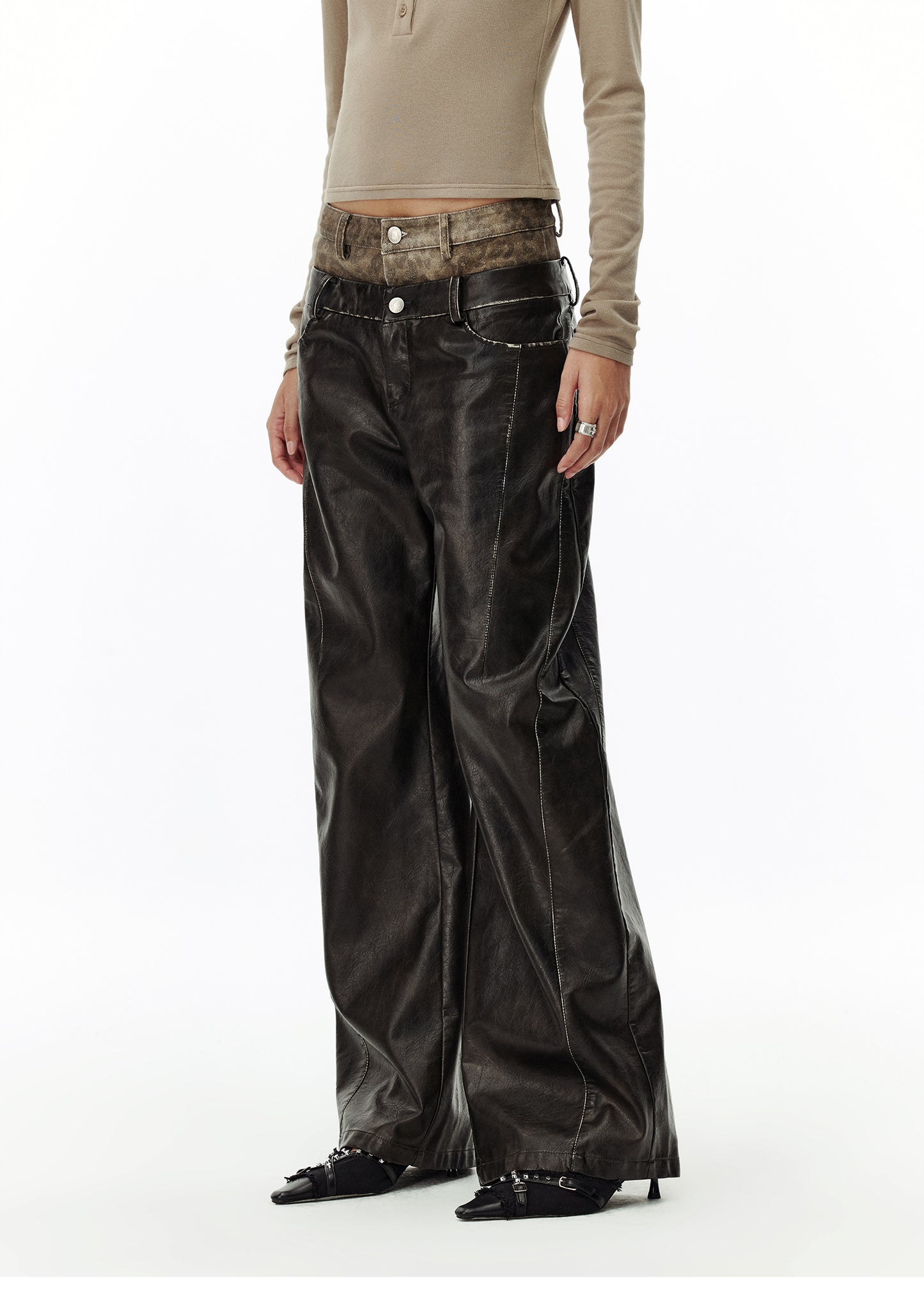 Leopard-print waistband PU straight pants