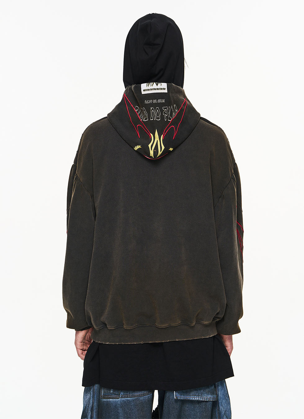 Damaged Faded Print Embroidered Hoodie