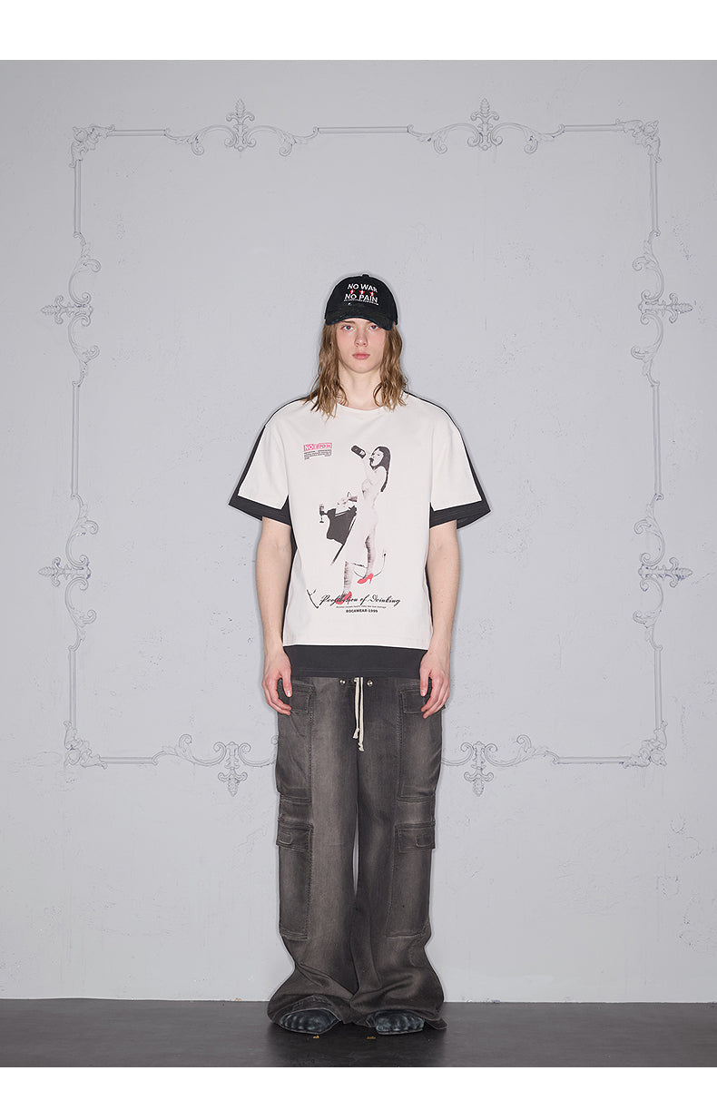 Color block print loose T-shirt