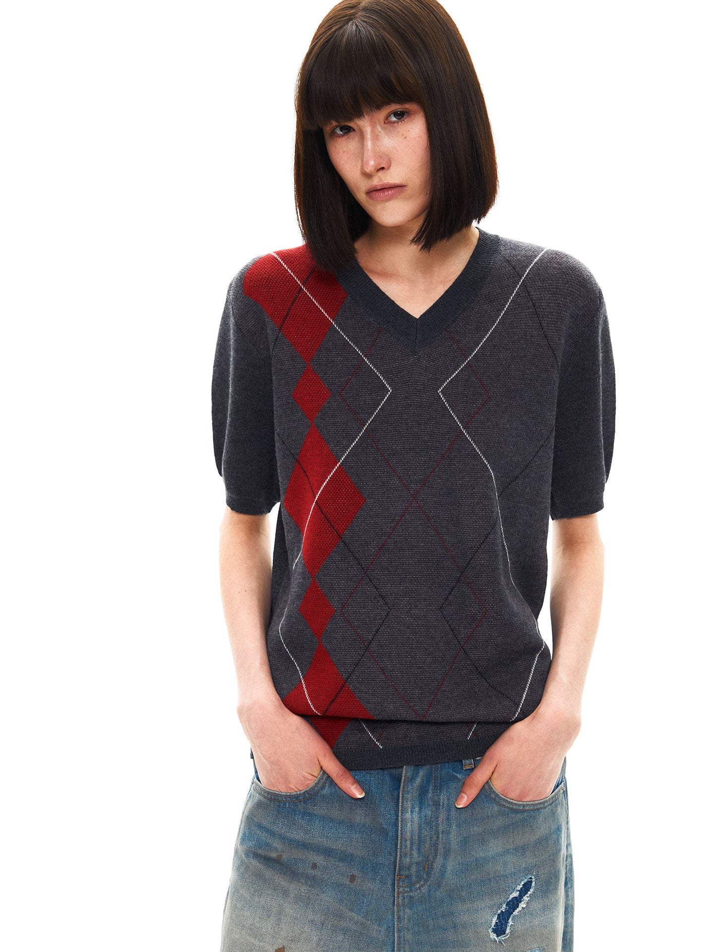 Double-Yarn Patchwork V-Neck Sweater