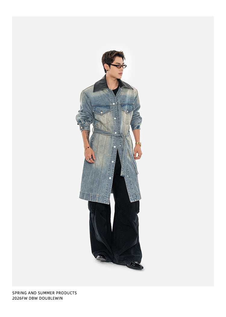 Leather Patchwork Lapel Denim Trench Coat