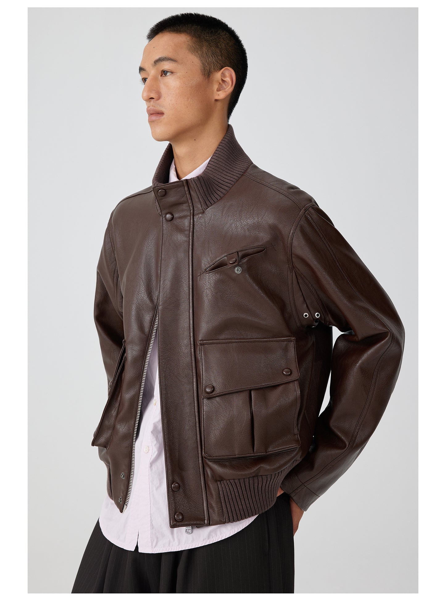 Ribbed stand collar leather jacket