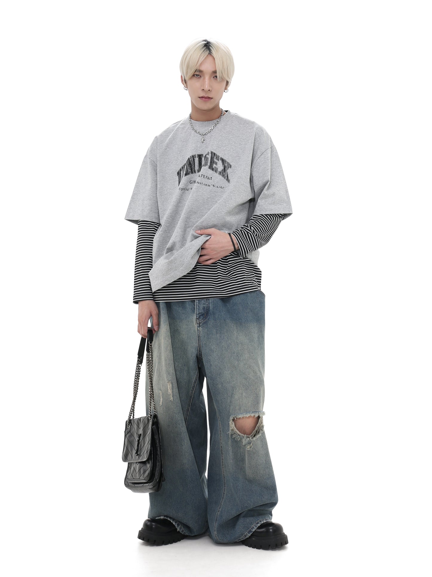 Drawstring Damaged Washed Denim Pants