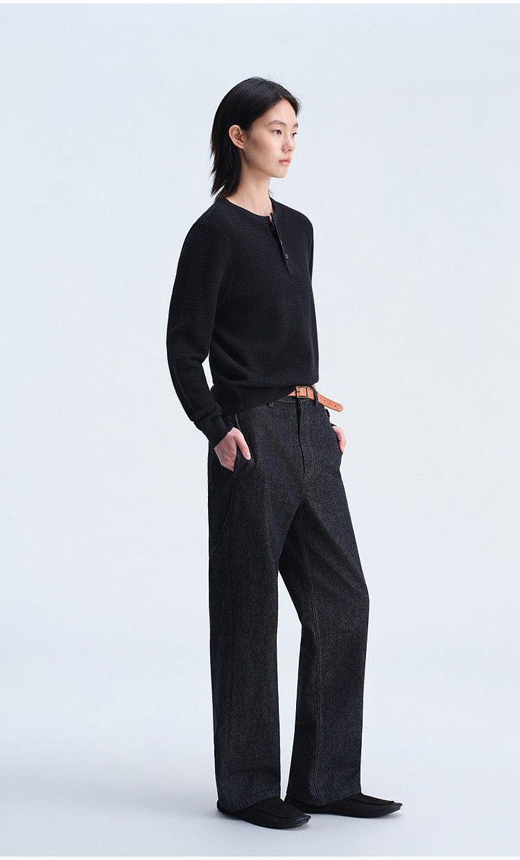 Henry-Collar Button-Down Shirt