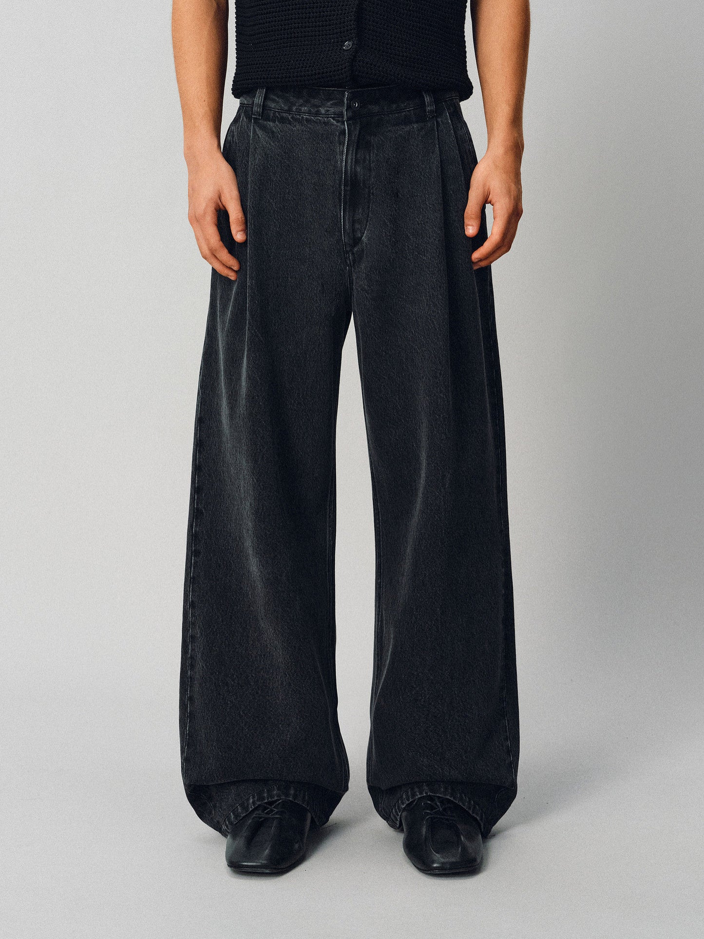 Double-Pleated Wide-Leg Denim Pants
