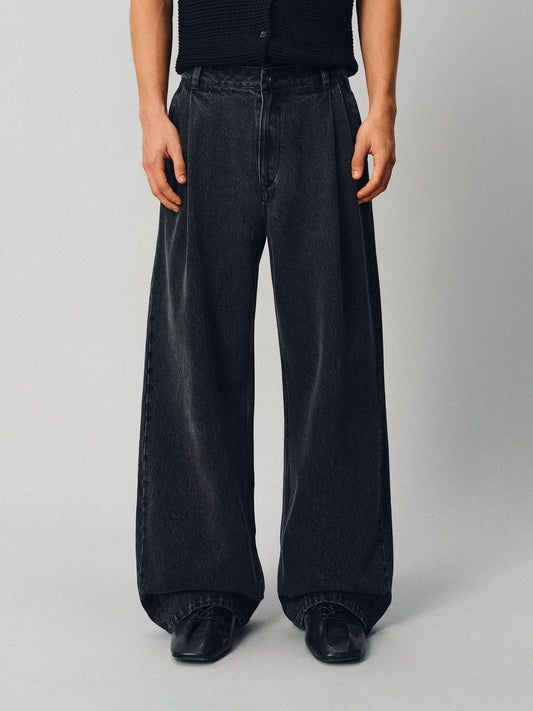 Double-Pleated Wide-Leg Denim Pants
