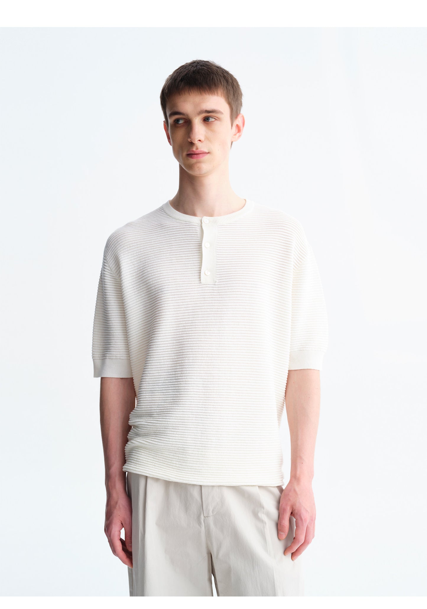 Henry-Neck Wool-Look Short-Sleeve Shirt