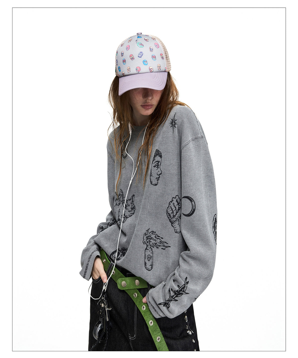 Distressed Skull-Print Waffle T-Shirt
