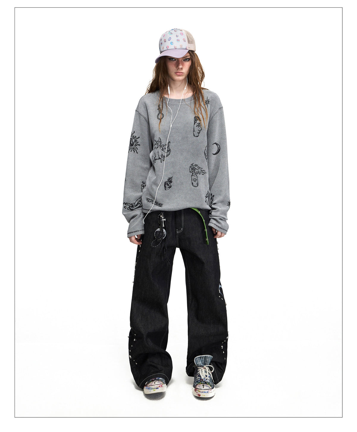 Distressed Skull-Print Waffle T-Shirt