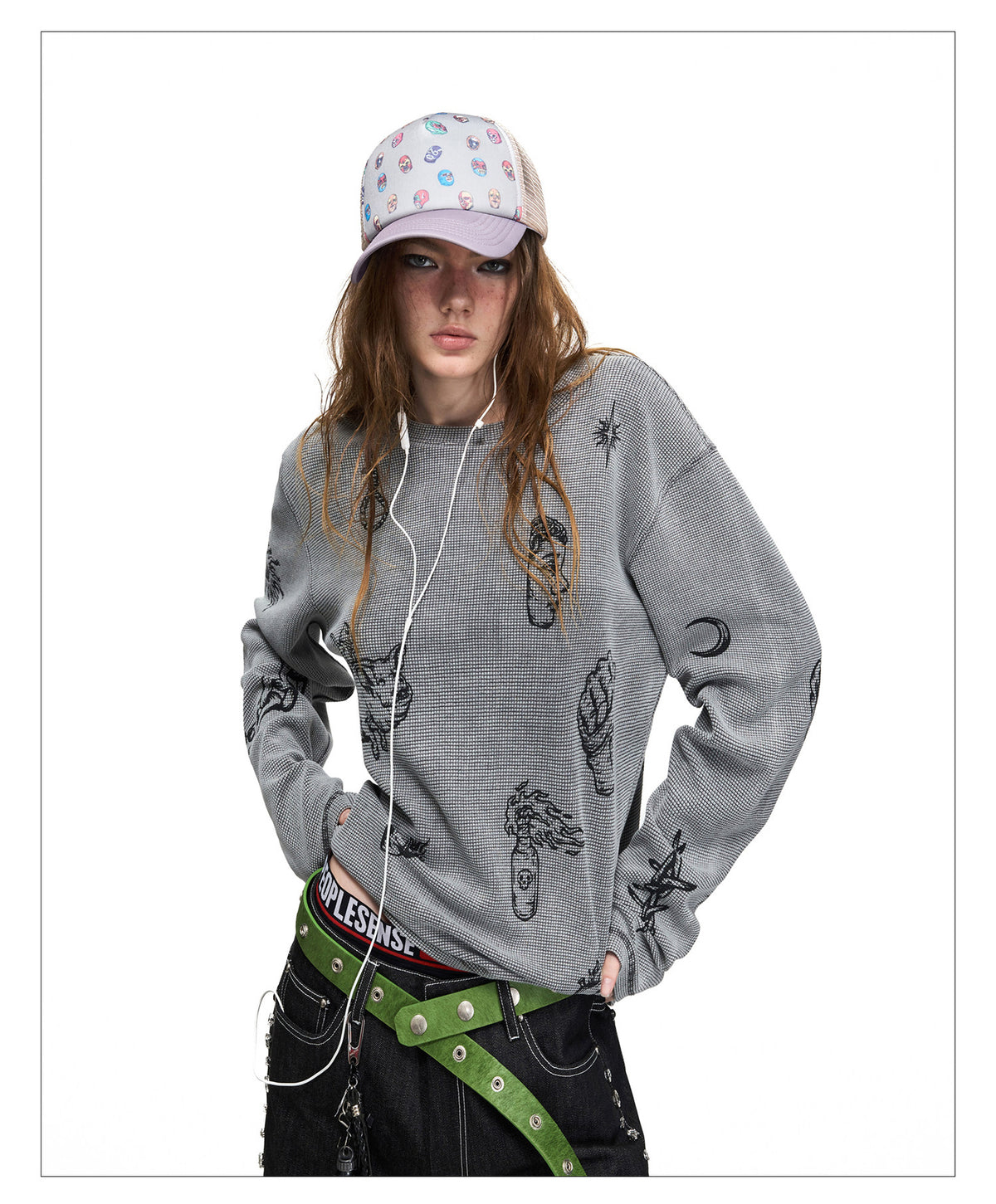 Distressed Skull-Print Waffle T-Shirt