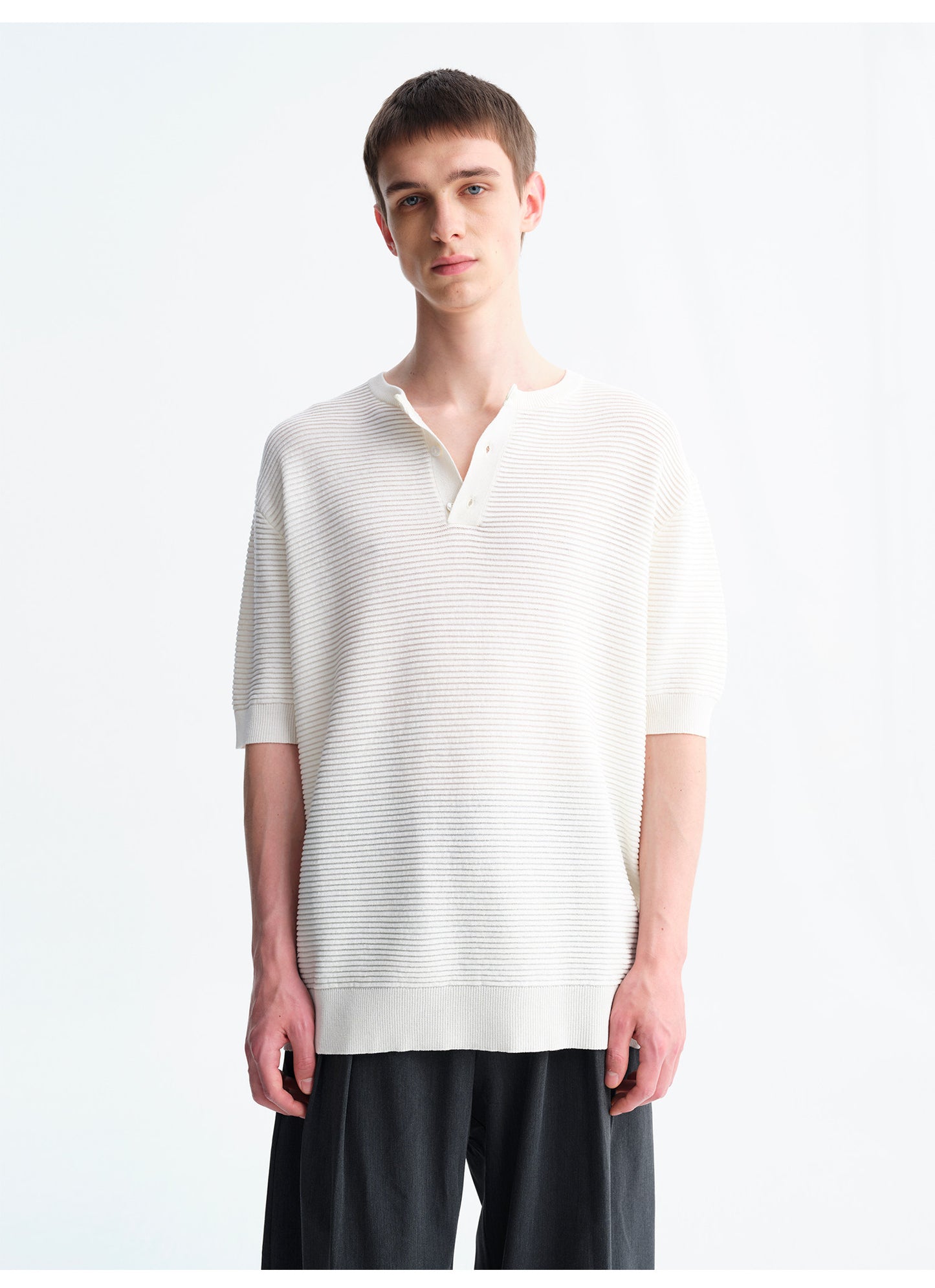 Henry-Neck Wool-Look Short-Sleeve Shirt