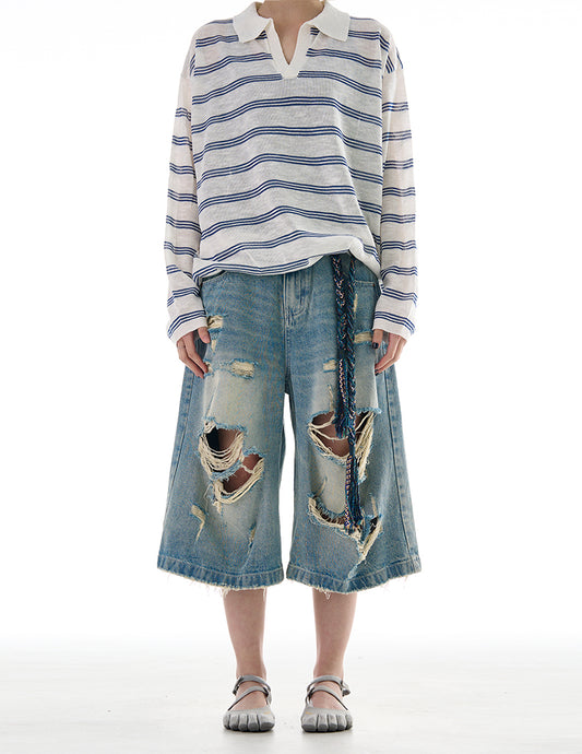 Wide Leg Damaged Cropped Shorts