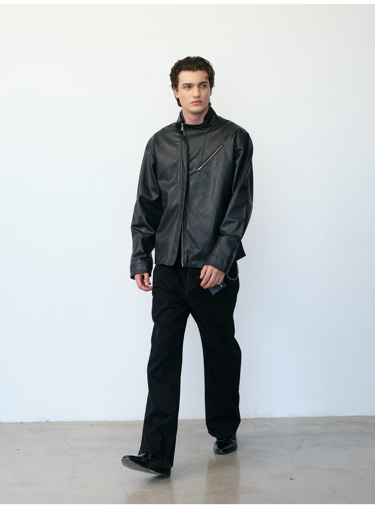 Microfiber-Leather Blend Stand-Collar Jacket