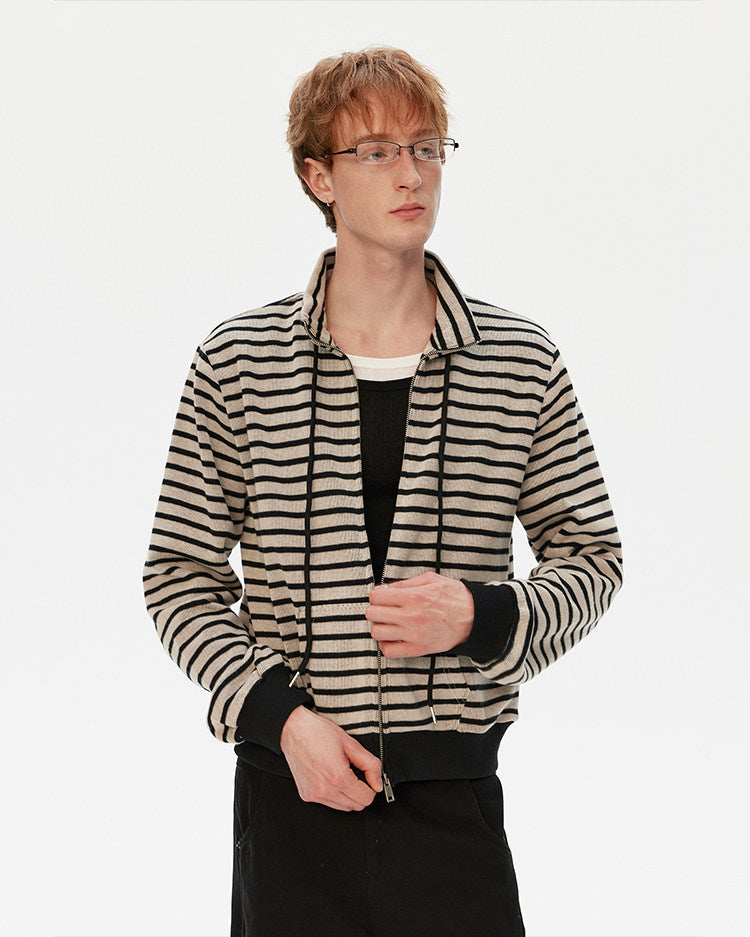 Striped Stand Collar Zipper Cardigan