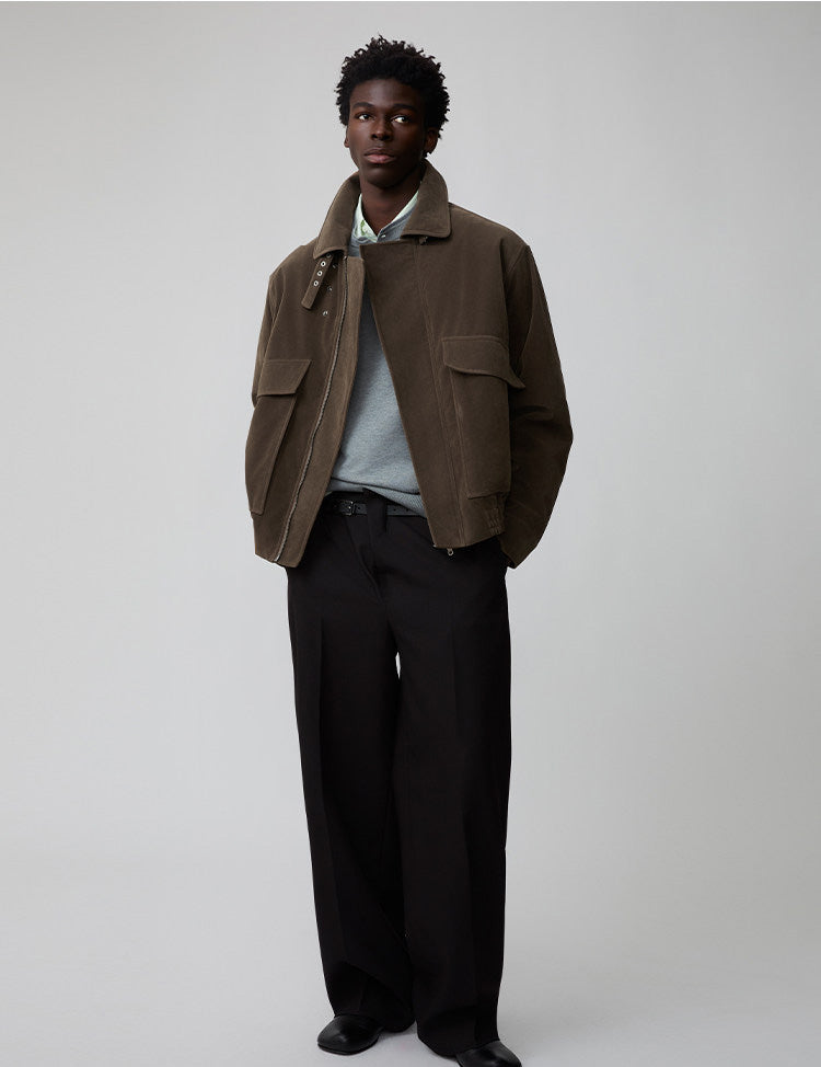 Suede Collar Button-Down Jacket