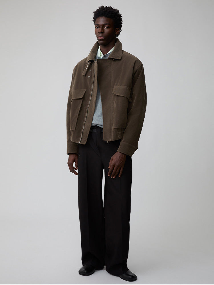 Suede Collar Button-Down Jacket