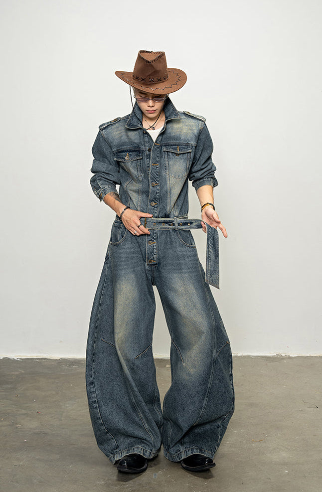 Shoulder Pad Denim Jumpsuit