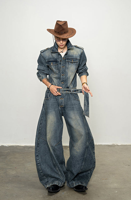Shoulder Pad Denim Jumpsuit