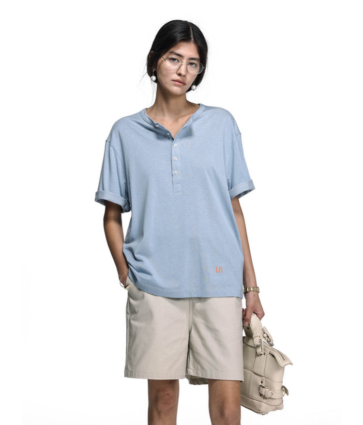 Letter-Embroidered Henley Collar T-Shirt