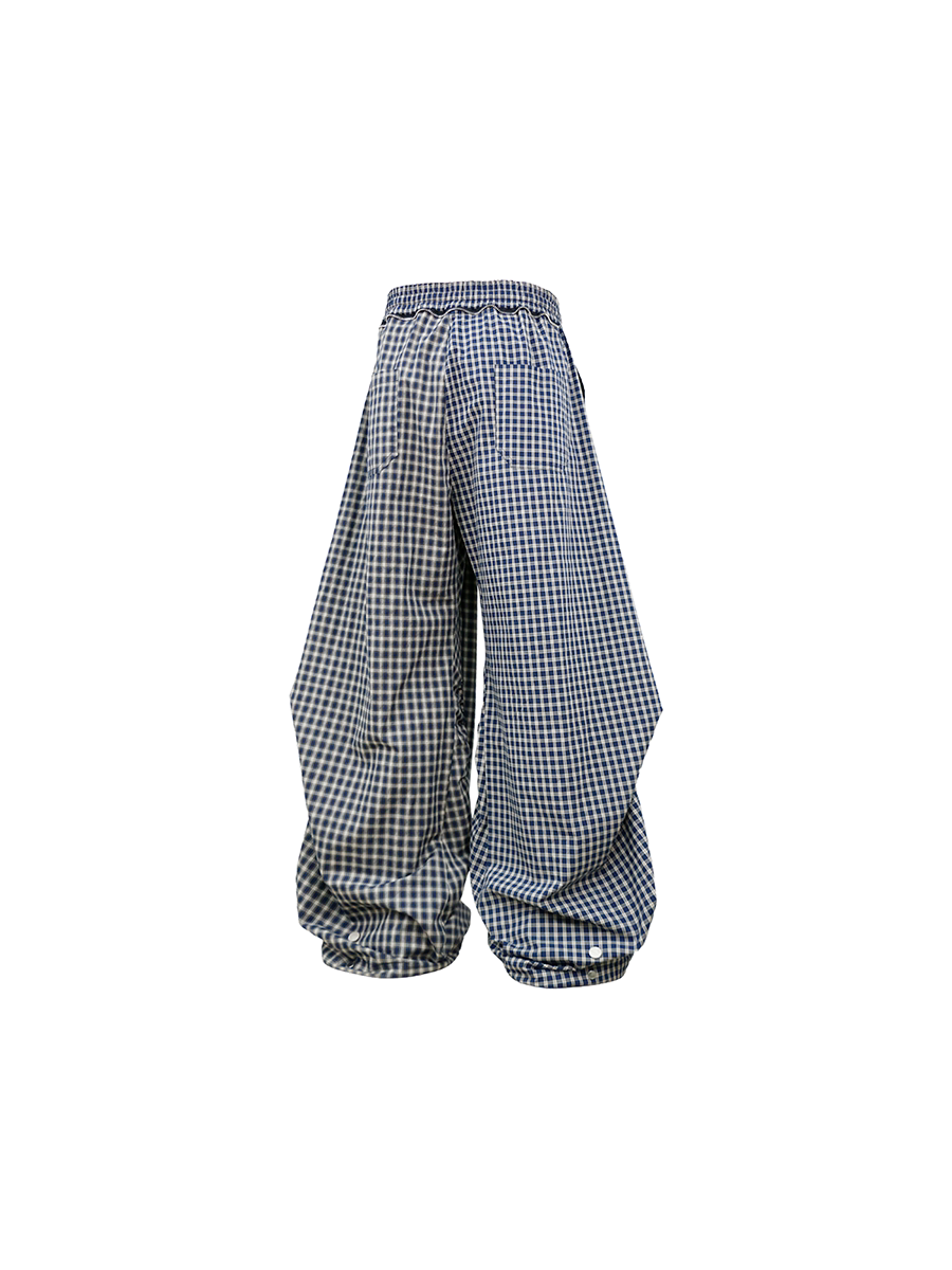 Asymmetrical Cross-Check Ripple-Pleated Casual Pants