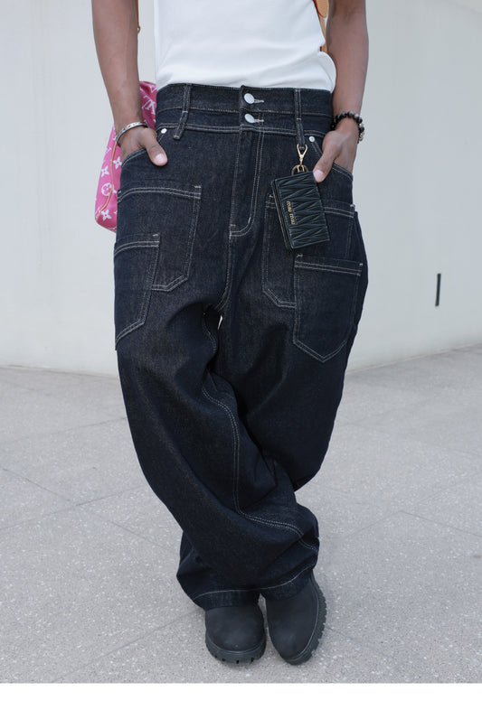 Double Waist Multi-Pocket Denim Pants