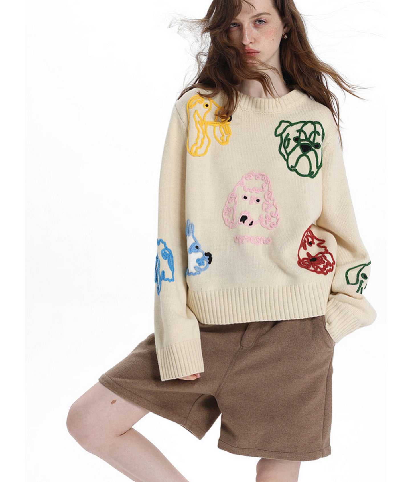 Hand-Knitted Floral-Print Round-Neck Sweater