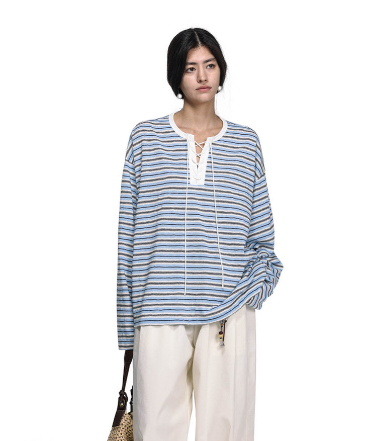 Drawstring Tie Henley Collar T-Shirt