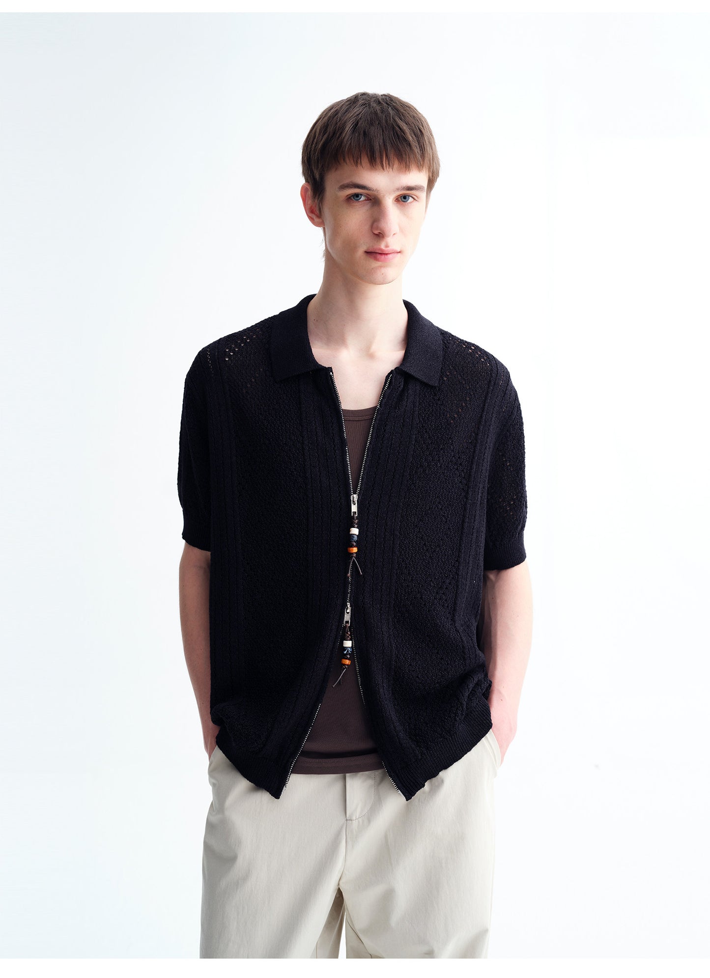 Handmade Beaded Double-Zipper Knit Cardigan