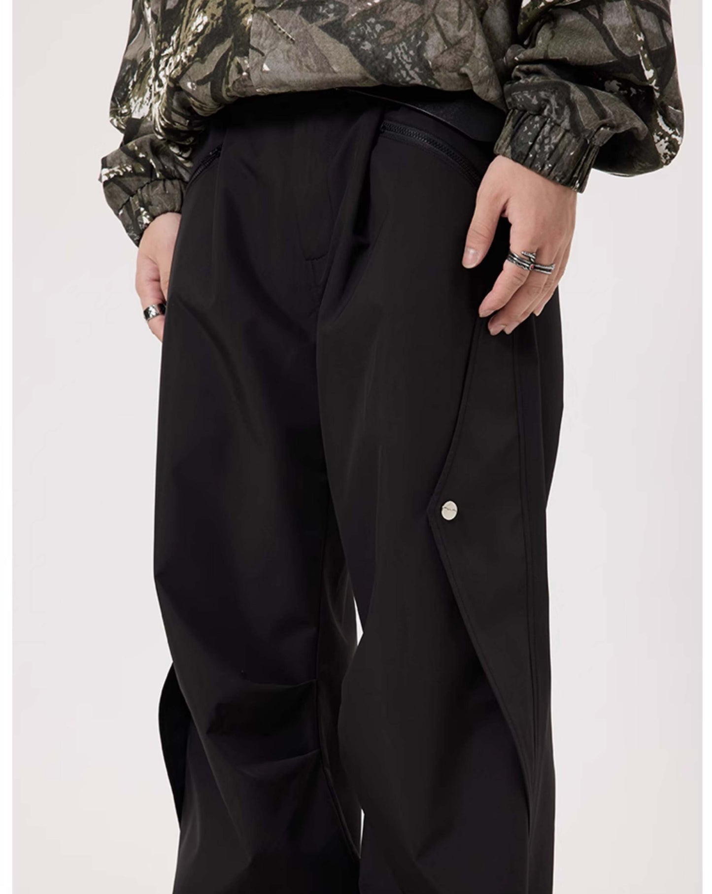 Metal Button Loose Straight Nylon Pants