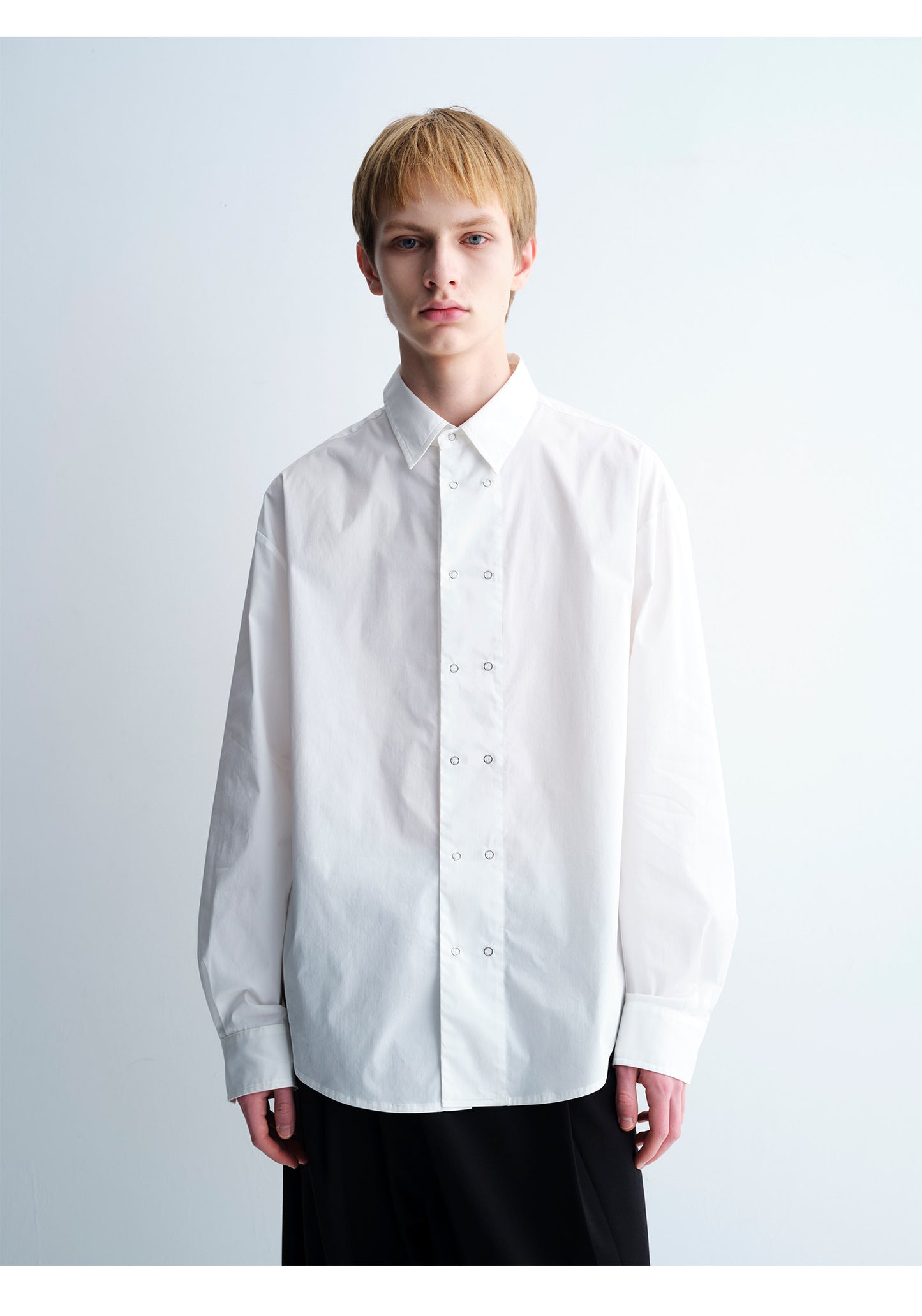 Double-Breasted Round-Hem Loose-Fit Shirt