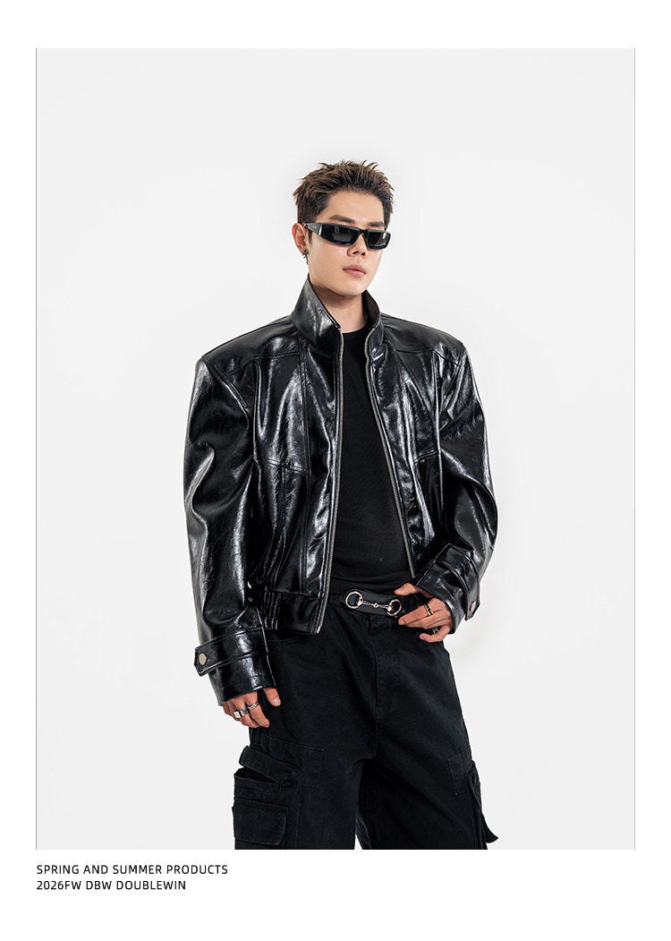 Short Biker Jacket with Stand-Up Collar
