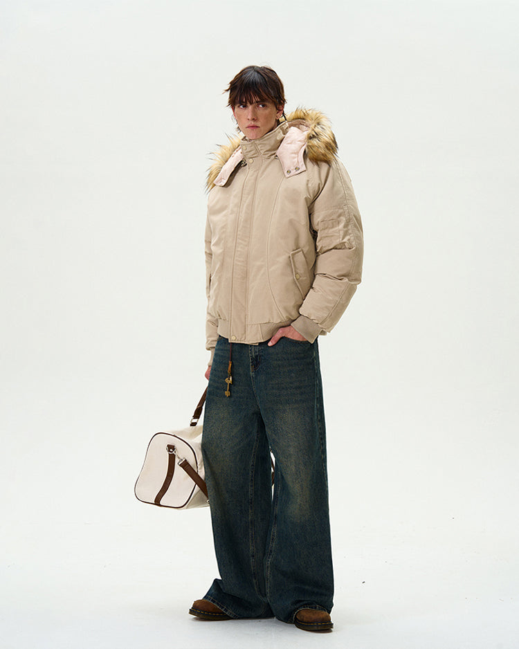 Retro fur collar hooded thick silhouette jacket