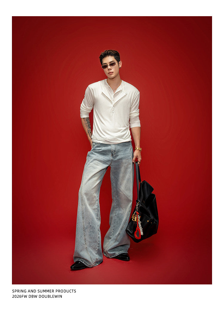 Faux Two-Piece Henley-Neck Shirt