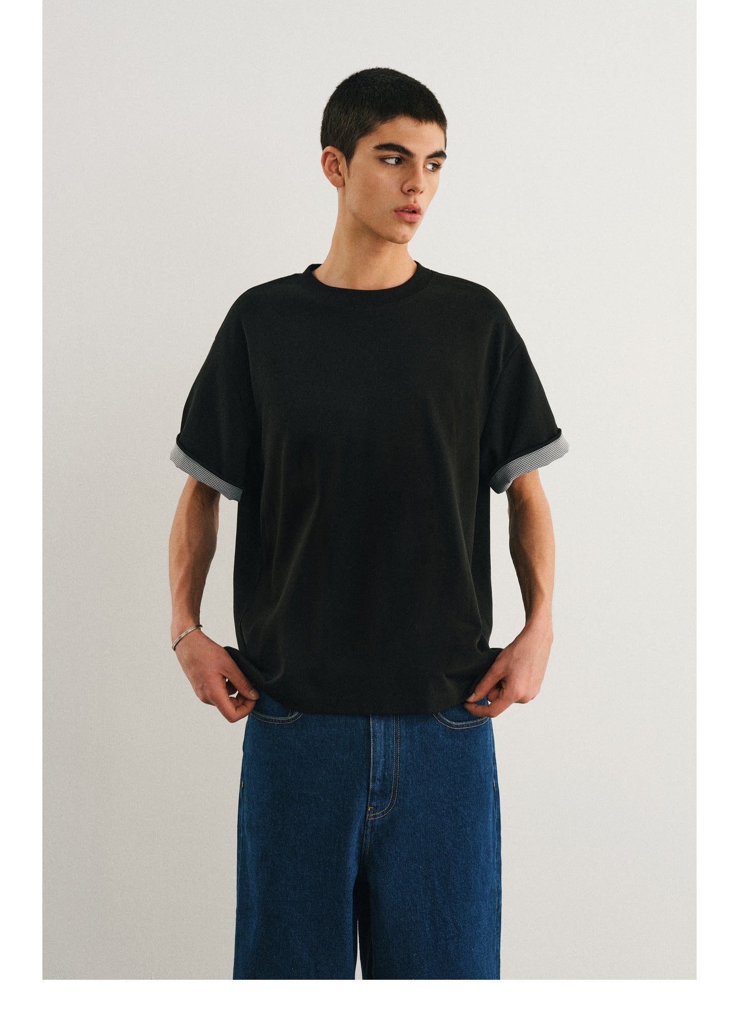 Hound's tooth sleeve T-shirt