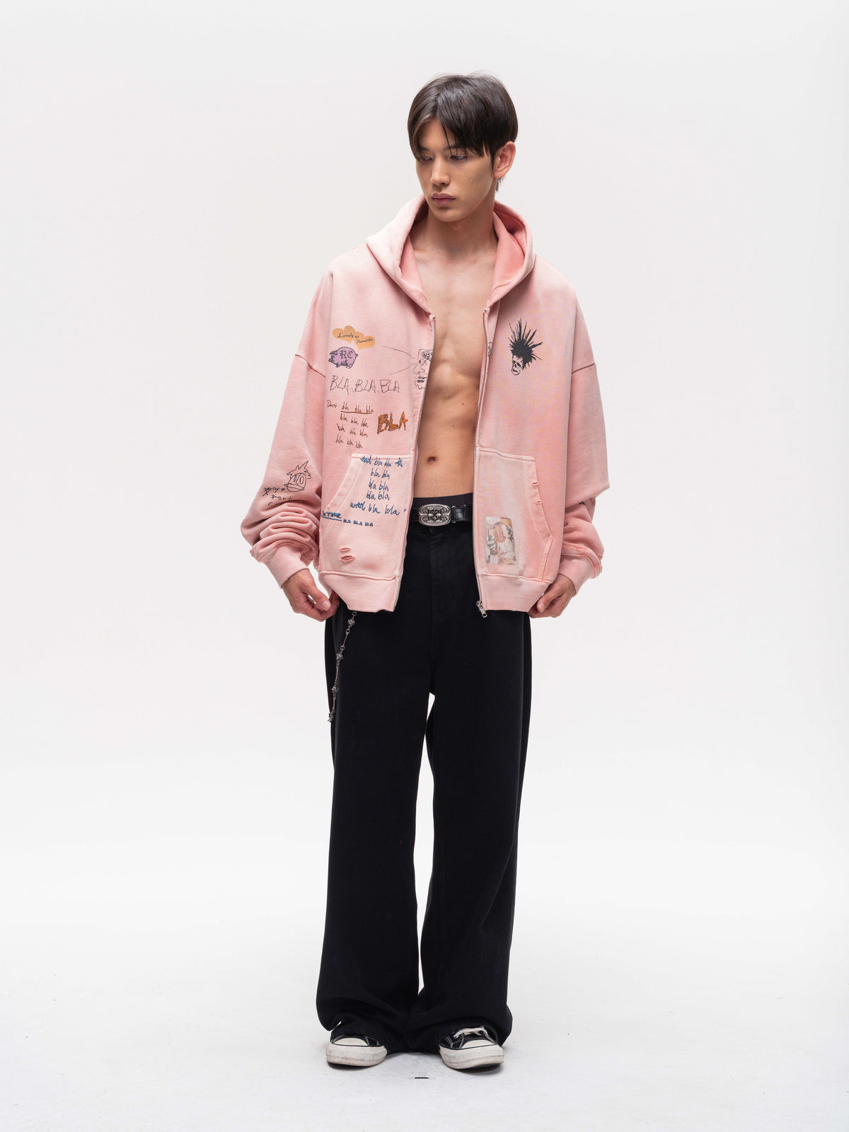 Wash-Distressed Zip-Up Sweatshirt