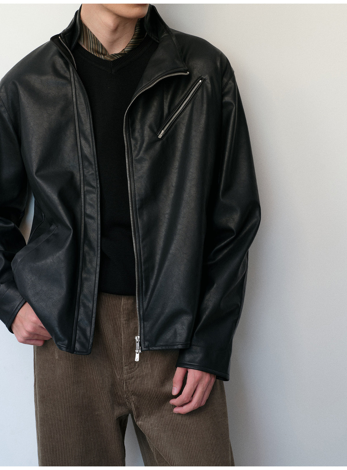 Microfiber-Leather Blend Stand-Collar Jacket