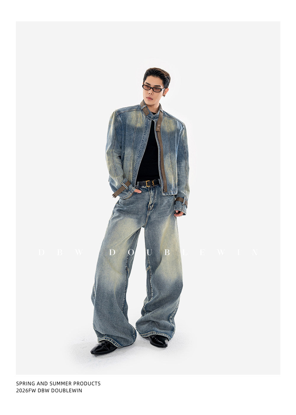 Vintage-Washed Padded-Shoulder Denim Jacket Set