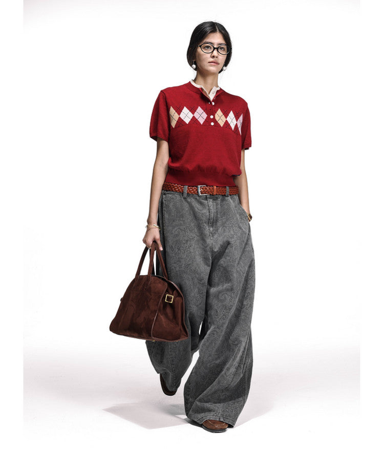 School Style Diamond Pattern Sweater