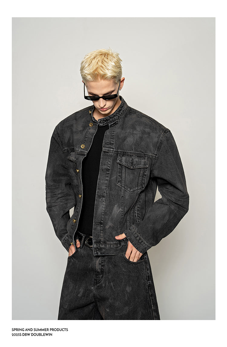 Mud-dyed distressed denim jacket set