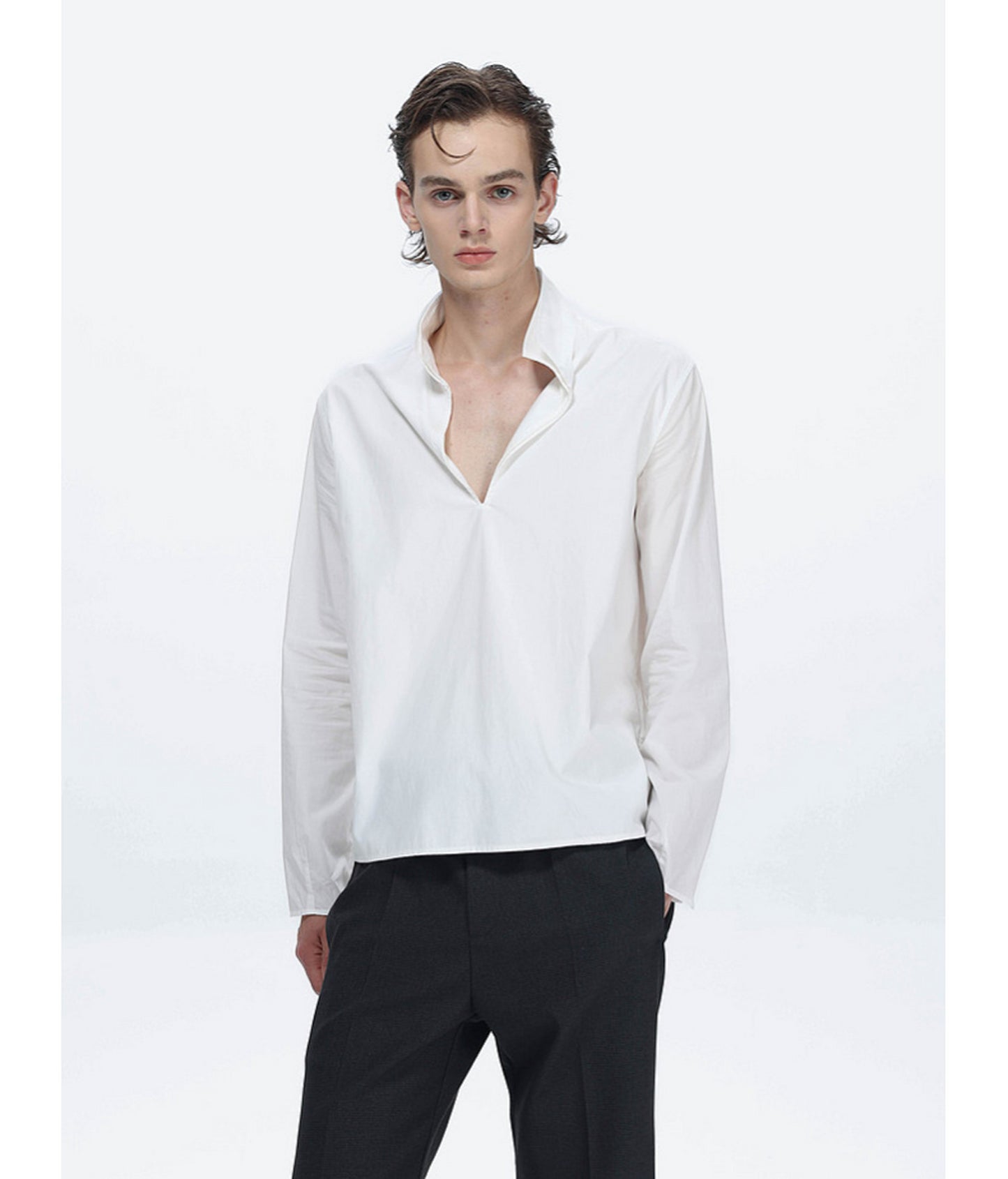 Deep V-Neck Half-Button Pullover Shirt