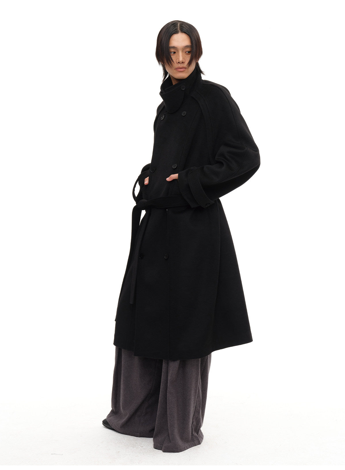 Double-breasted Raglan Coat with Belt