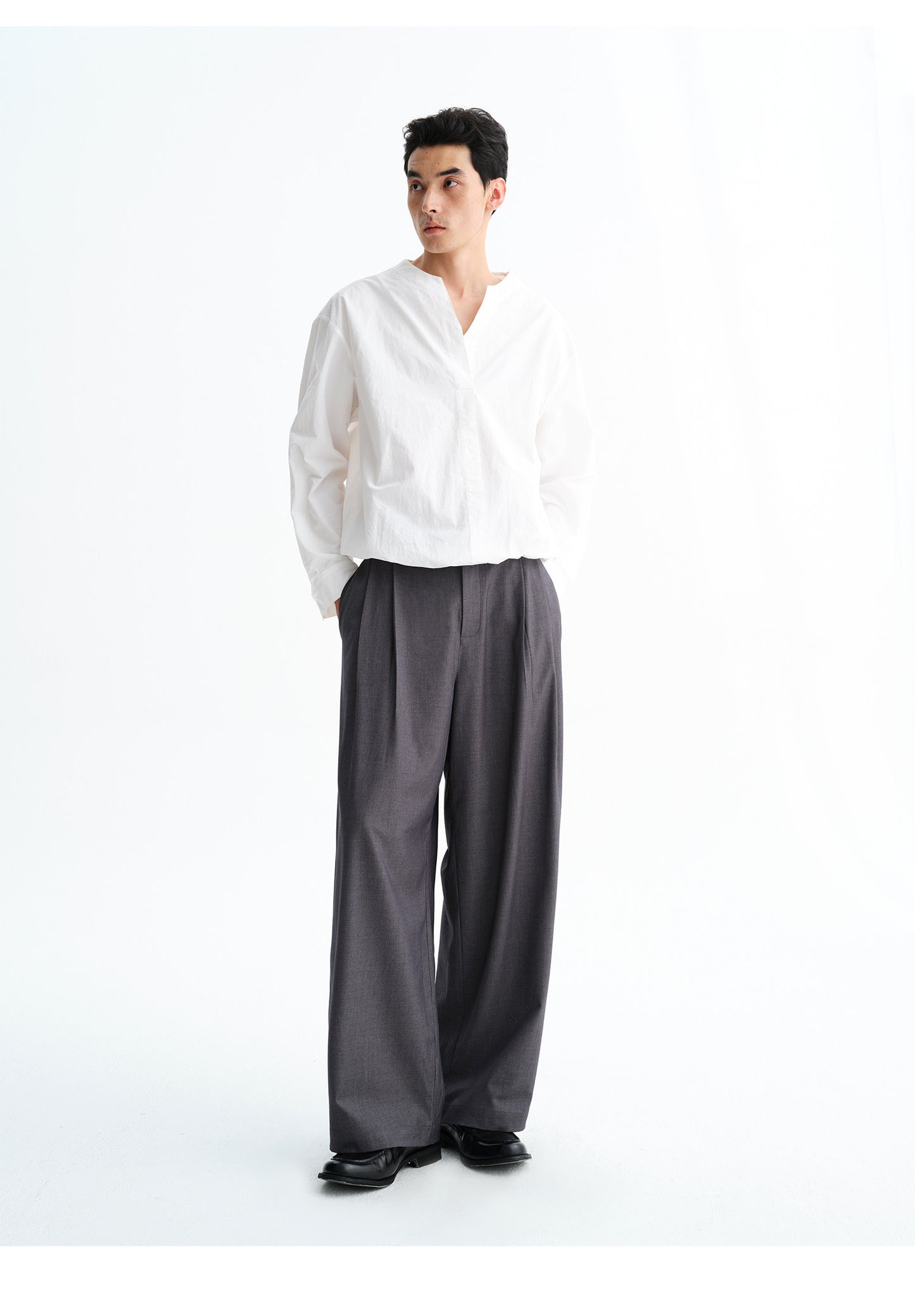 Wool Blend Double-Pleated Casual Pants
