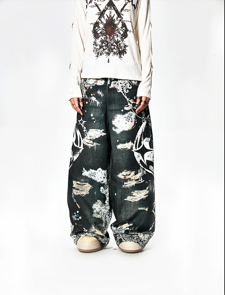 Full Print Loose Retro Jeans