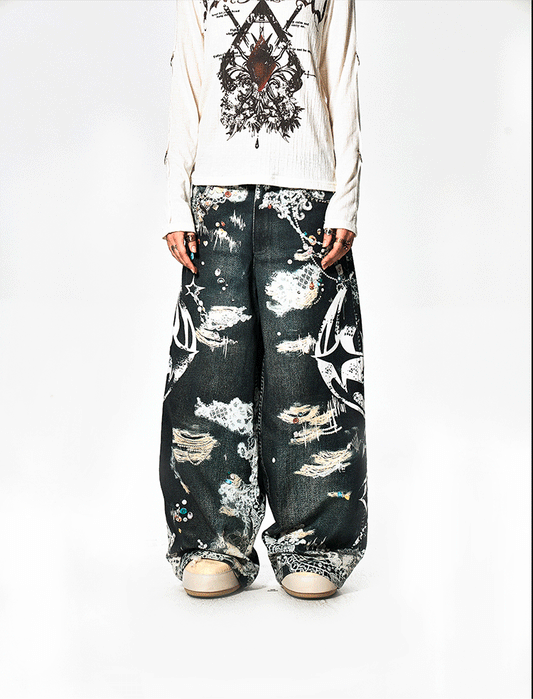 Full Print Loose Retro Jeans