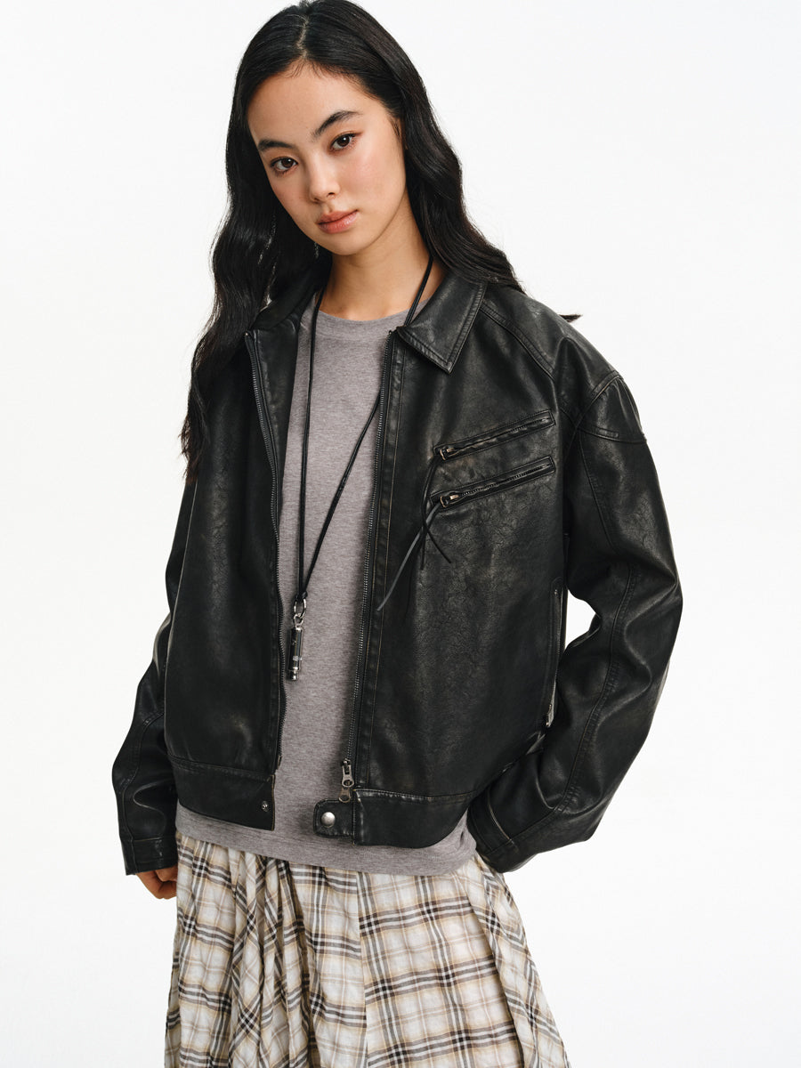 Washed Leather Oversized Jacket