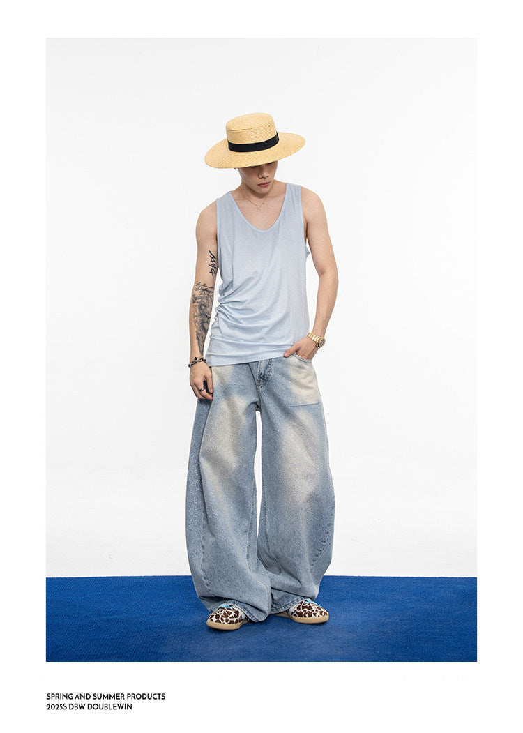 Wash-Finish Wide-Leg Casual Jeans